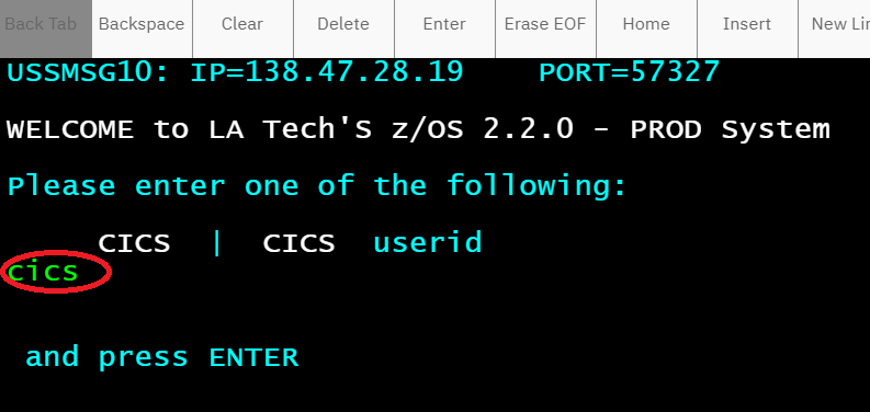 CICS logon screen