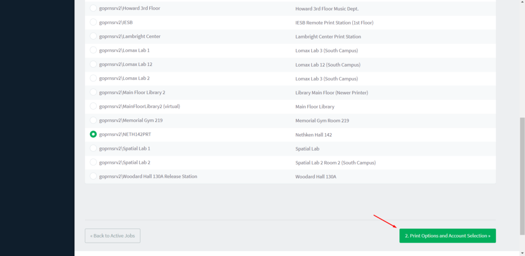 The Print options and Account Selection button at the bottom of the page.