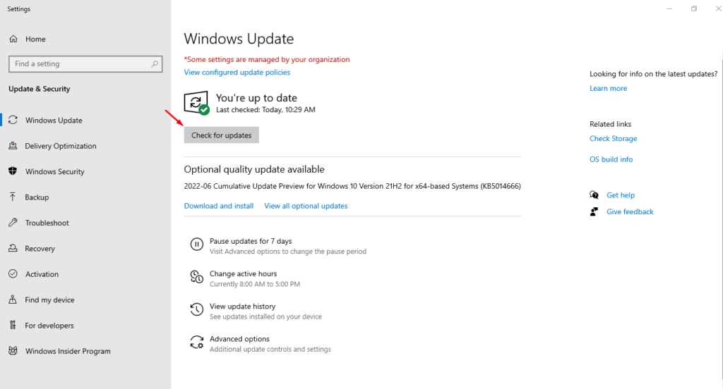 Check for updates on Windows 10