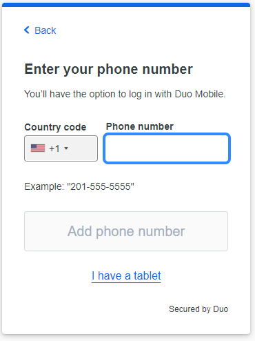 Duo phone number entry screen. Enter your mobile phone number.