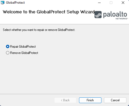 Install wizard for VPN. Select "Repair GlobalProtect"
