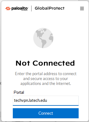 GlobalProtect portal screen. Enter "techvpn.latech.edu" and hit connect.