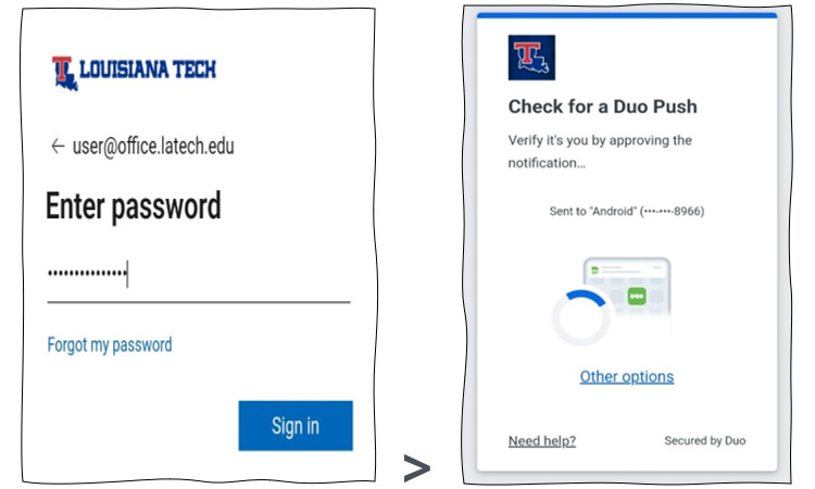 Enter password screen for outlook and Duo Push screen after.