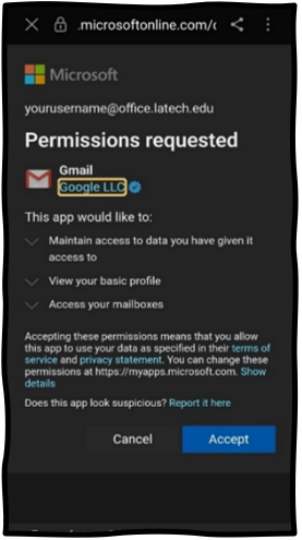Gmail Permission requested screen