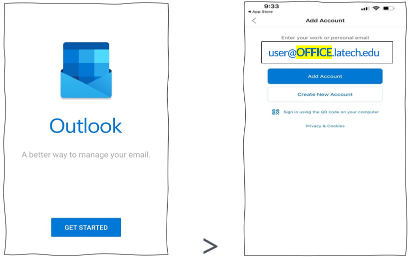 IOS Outlook App start and login screens