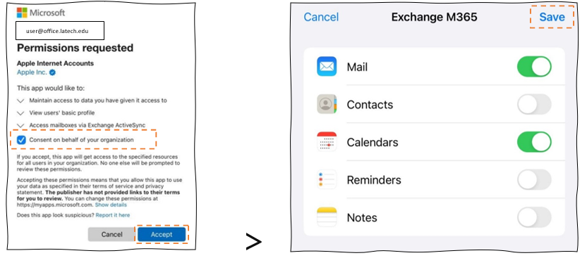 IOS Mail permissions screen