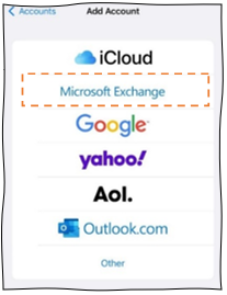 Apple add account screen with Microsoft Exchange highlighted