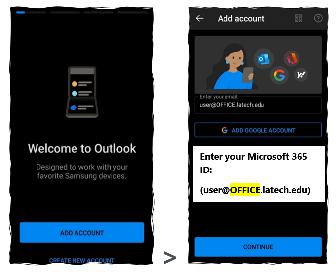 Add account screen for outlook