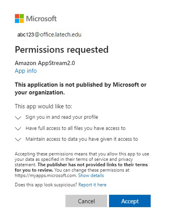 Appstream OneDrive allow permission window