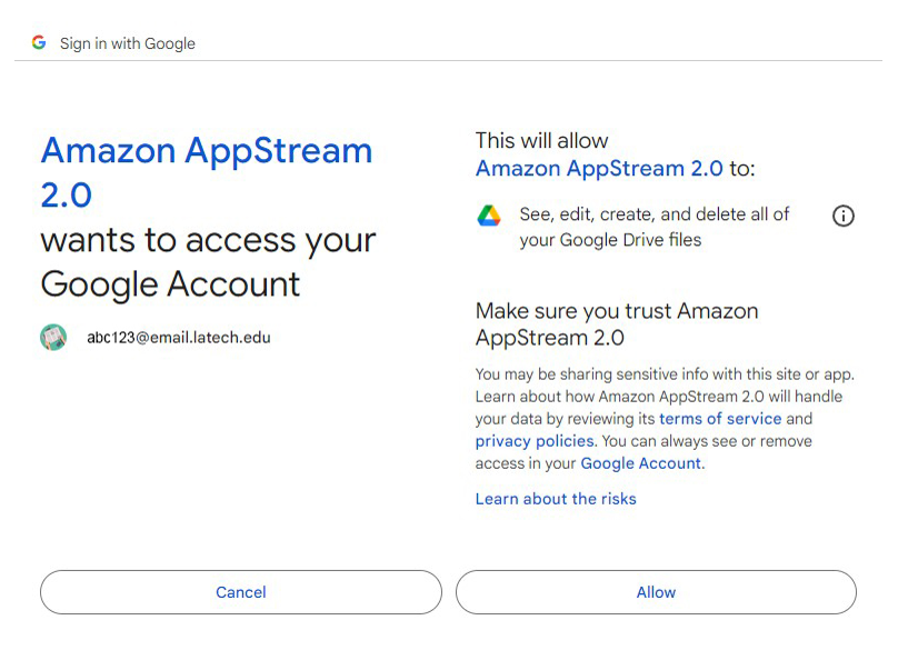 Appstream Google Drive Allow access window