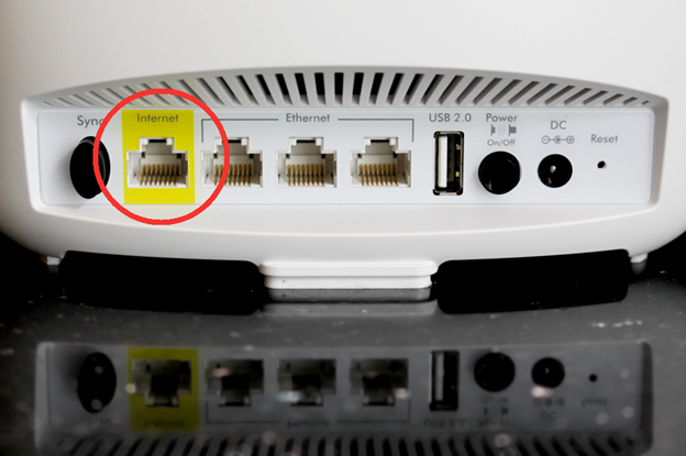 A router with its Internet port (a port with the word "Internet" above it).