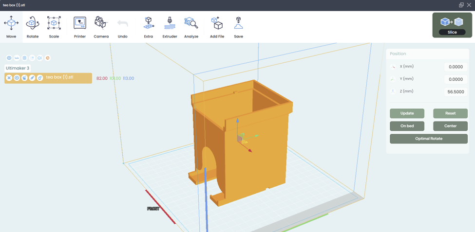 A 3D model on the bed in the 3DPrinterOS software