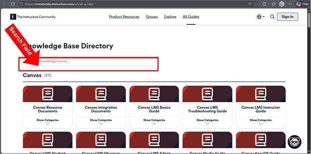 The search field on the Instructure Community Knowledge Base Directory.