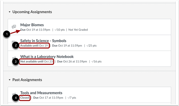 A list of assignments on Canvas with each of their availability dates displayed