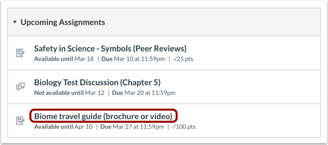 A list of assignments on Canvas.