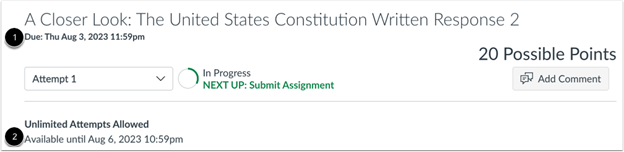 An assignment on Canvas with its availability dates displayed