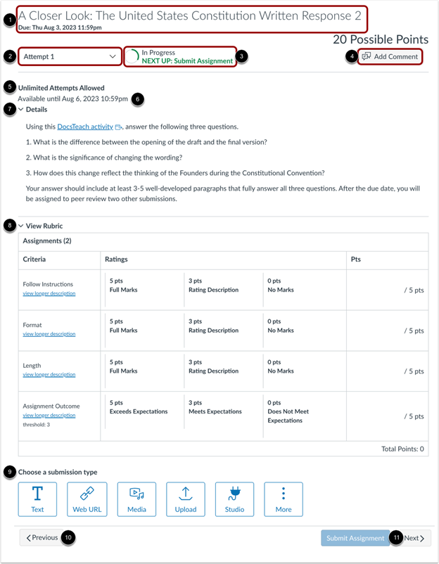 The assignment summary page on Canvas