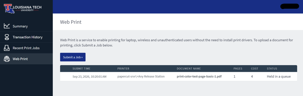 A print job that is held in a queue