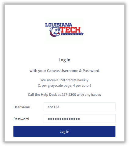 The Login page for print.latech.edu